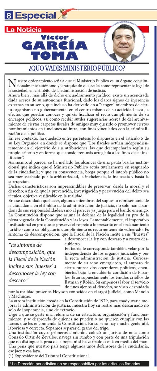 JBCPERU's tweet photo. #VíctorGarcíaToma afirma que es síntoma de descomposición total que la #FiscaldelaNación invite a sus “huestes” a desconocer la ley con descaro. Urge una reforma radical que elimine a quienes no pueden o no quieren cumplir con las tareas que les encomienda la #Constitución. https://t.co/Va8tc77MGv