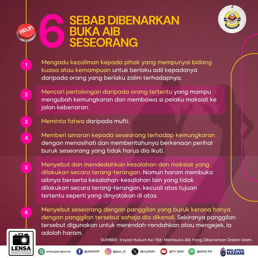 myJAWIKL's tweet photo. Menurut Imam al-Nawawi, terdapat 6 sebab dibenarkan untuk membuka aib seseorang:

1. Mengadu kezaliman kepada pihak yang mempunyai bidang kuasa atau kemampuan untuk berlaku adil kepadanya daripada orang yang berlaku zalim terhadapnya. https://t.co/zSFkrhbs5o
