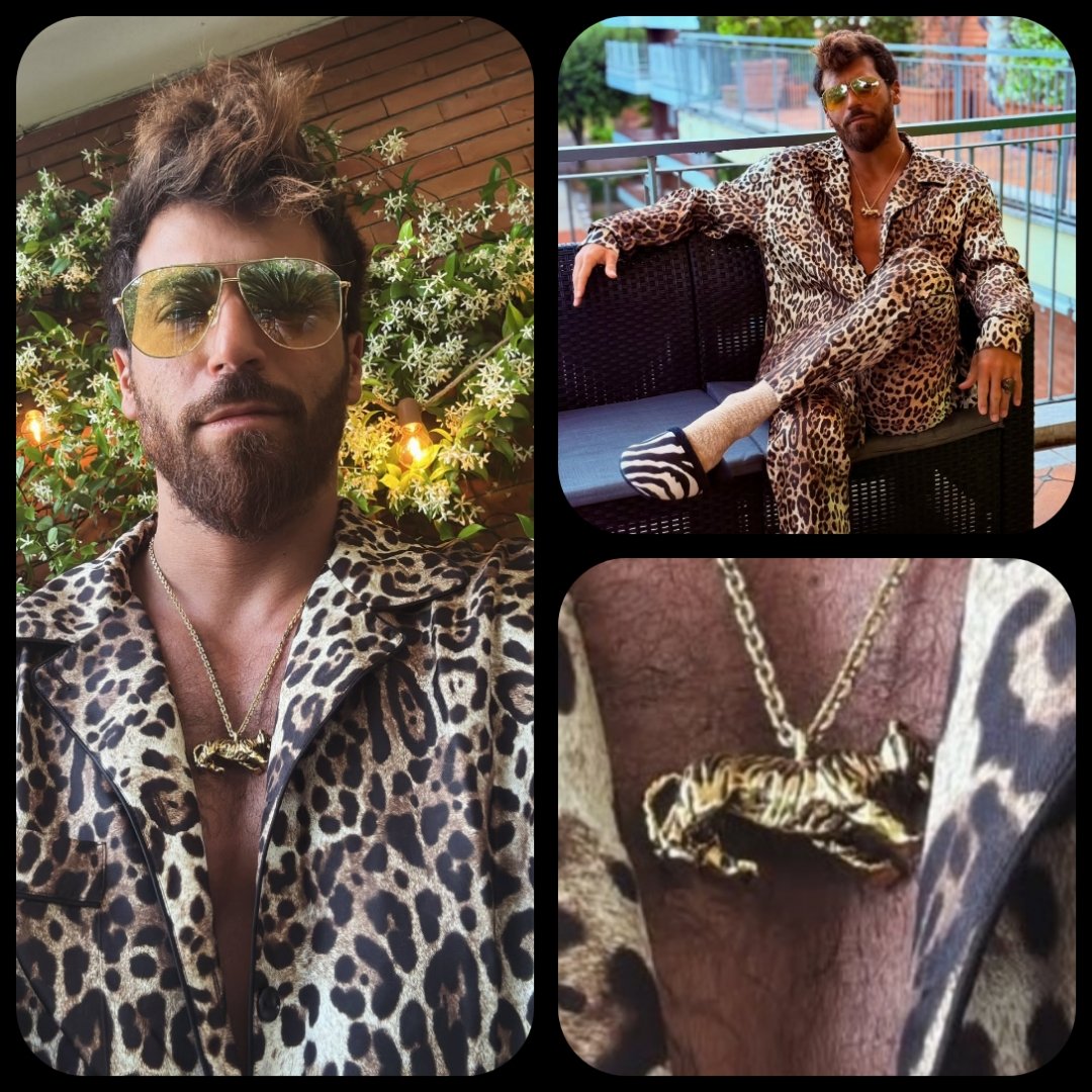 Se despertó de la siesta con pijama de leopardo 🐆zapatillas de cebra🦓  y colgante de tigre🐅me encanta el Conjunto tan salvaje..#CanYaman IG