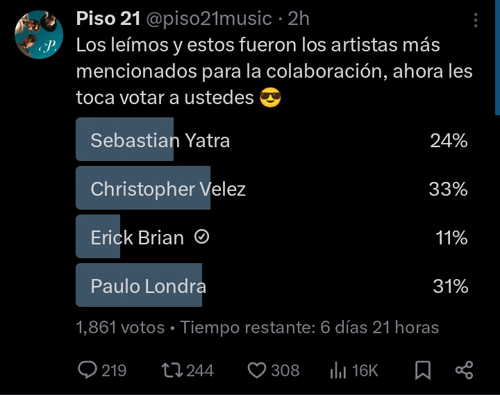 Hola fandom sin nombre! 
Vayan a votar acá <a href="/piso21music/">Piso 21</a> para que hagan un ft con <a href="/ErickBrianColon/">Erick Brian</a> .