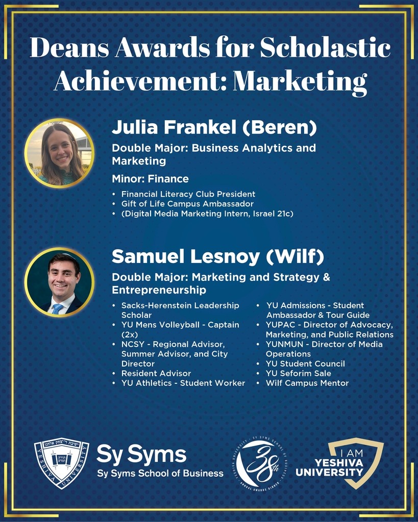 ✨️ Congratulations to to the recipients of our Deans Awards for Scholastic Achievement! ✨️👏🎓️⁠

Tamar Levine and Ezra Baron
Lee Sauer and Matthew Nathan
Shalhevet Cohen and Alexander Schewitz
Julia Frankel and Samuel Lesnoy
Ruthie Seidemann and Jacob Mosseri