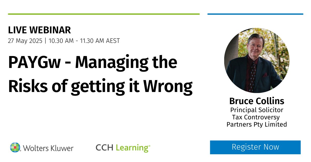 All you need to know about PAYGw, but were afraid to ask! All advisors — join Bruce Collins from Tax Controversy Partners as he highlights the pitfalls of non-compliance with the PAYGw regime for their employer clients.

Register Here: ow.ly/KtyG50VTEZP

#PAYG #CPD #Risks