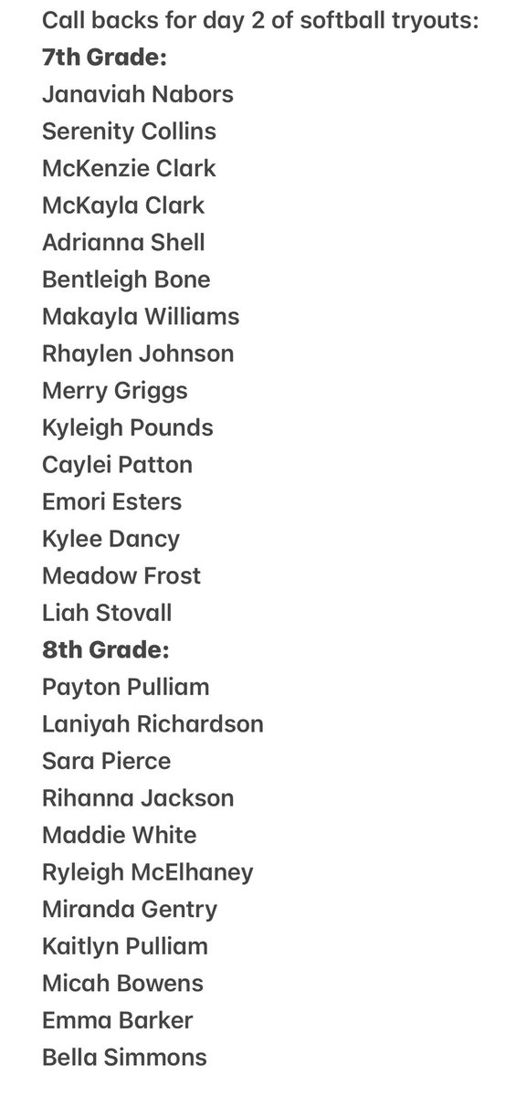 TupSoftball's tweet photo. Call backs for day 2 of tryouts! We will update tomorrow by 10 AM regarding weather to determine if tryouts need to be moved. We are looking forward to day 2! https://t.co/ryLLG9mjeV