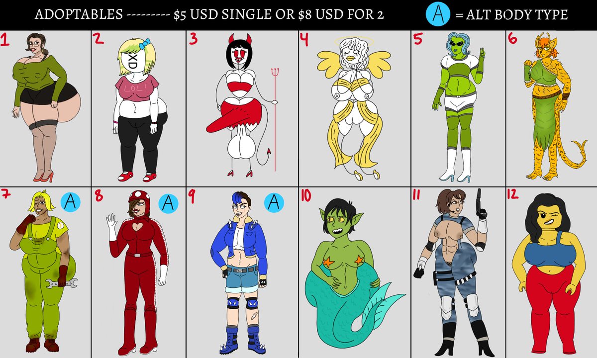 #adoptable UPDATE!

I've refined the sheet and got rid of ocs that just weren't selling. You can now get the following:

- 1 OC for $5
- Any 2 for $8
- Some OCs have various styles you get with purchase marked by a blue "A"

I also have 2 new girls to sell with this change!