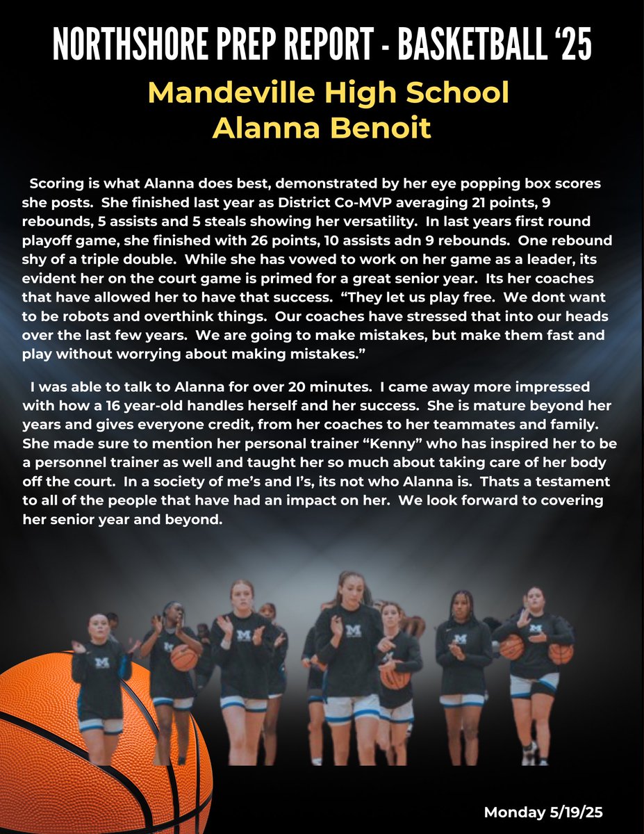 Northshore Prep Report (@northshoreprepr) on Twitter photo GIRLS BASKETBALL 🏀🏀🏀
If you don’t know Alanna Benoit yet, you will. The number one ranked girls basketball player in the state and Mandeville Skipper is primed for a great summer and senior year.
<a href="/BenoitAlanna/">Alanna Benoit</a> <a href="/mweinmunson1/">Mark Weinmunson</a> GIRLS BASKETBALL 🏀🏀🏀
If you don’t know Alanna Benoit yet, you will. The number one ranked girls basketball player in the state and Mandeville Skipper is primed for a great summer and senior year.
<a href="/BenoitAlanna/">Alanna Benoit</a> <a href="/mweinmunson1/">Mark Weinmunson</a>