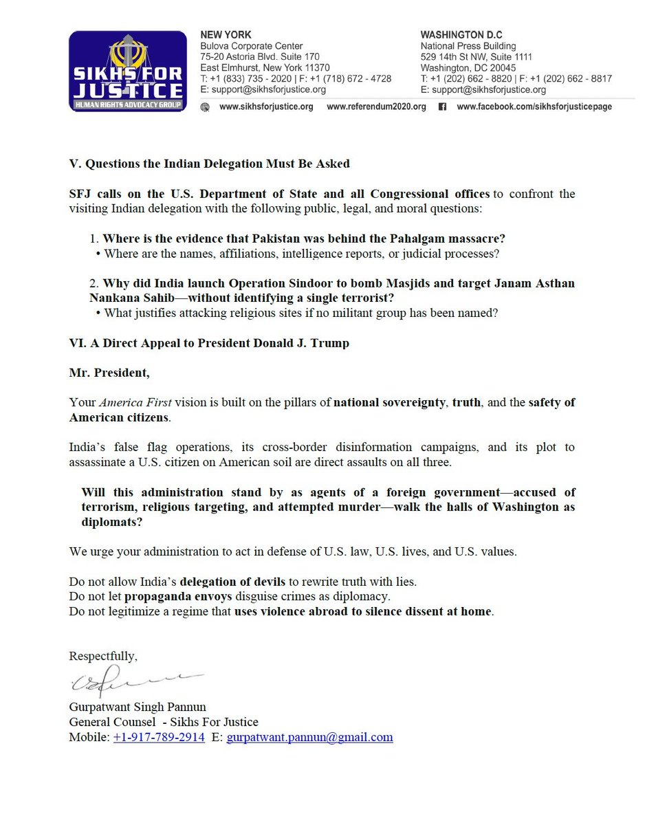 Sikhs For Justice (@sfj_us_official) on Twitter photo SFJ Launches Campaign Against Indian Delegation
Communique To USDOS and Congress To Question and Launch Criminal Investigation Against Members of Indian Delegation
<a href="/USDOS/">US Dept of State</a> <a href="/POTUS/">President Donald J. Trump</a> <a href="/VP/">Vice President JD Vance</a> <a href="/HouseIntel/">House Intelligence Committee</a> <a href="/HouseIntelDems/">House Intelligence Committee</a> <a href="/RepRickCrawford/">Rep. Rick Crawford</a> <a href="/SenateGOP/">Senate Republicans</a>
<a href="/SenateDems/">Senate Democrats</a> <a href="/HouseDemocrats/">House Democrats</a> <a href="/HouseGOP/">House Republicans</a> SFJ Launches Campaign Against Indian Delegation
Communique To USDOS and Congress To Question and Launch Criminal Investigation Against Members of Indian Delegation
<a href="/USDOS/">US Dept of State</a> <a href="/POTUS/">President Donald J. Trump</a> <a href="/VP/">Vice President JD Vance</a> <a href="/HouseIntel/">House Intelligence Committee</a> <a href="/HouseIntelDems/">House Intelligence Committee</a> <a href="/RepRickCrawford/">Rep. Rick Crawford</a> <a href="/SenateGOP/">Senate Republicans</a>
<a href="/SenateDems/">Senate Democrats</a> <a href="/HouseDemocrats/">House Democrats</a> <a href="/HouseGOP/">House Republicans</a>