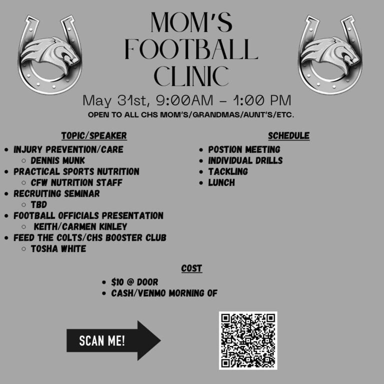 We are excited to offer our First Moms Clinic. 

This event is open to any current CHS Football Mother/Grandmother/Aunt/Etc.

The purpose of this Clinic is to provide as much information as possible from professionals on subjects that Football Moms are routinely exposed to.
