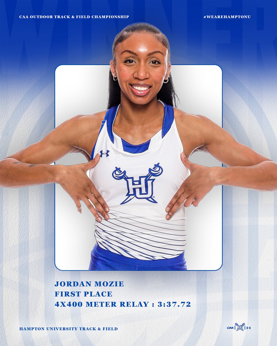 Arriah Gilmer, Dejah Grant, Morgan Pruitt, and Jordan Mozie secured 1st place in the 4x400 Meter Relay with a time of 3:37.72 at the CAA Outdoor Track and Field Championship! 

#WeAreHamptonU