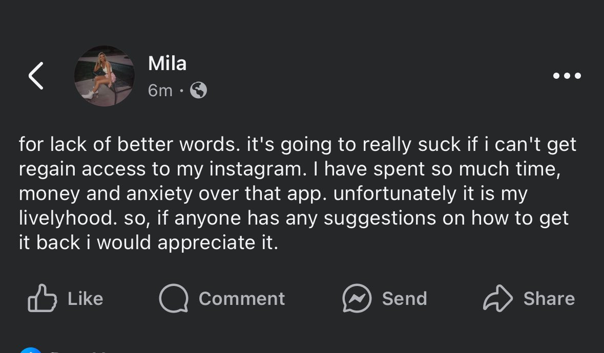 My best friend and fellow artist <a href="/milanotmeeluh/">𝔪𝔦𝔩𝔞</a> has been hacked on IG. Social media is how we make a living, share our songs &amp; stories, and connect with our listeners. 

Give her a follow, along with FB, and if anyone has any tips, pls share.