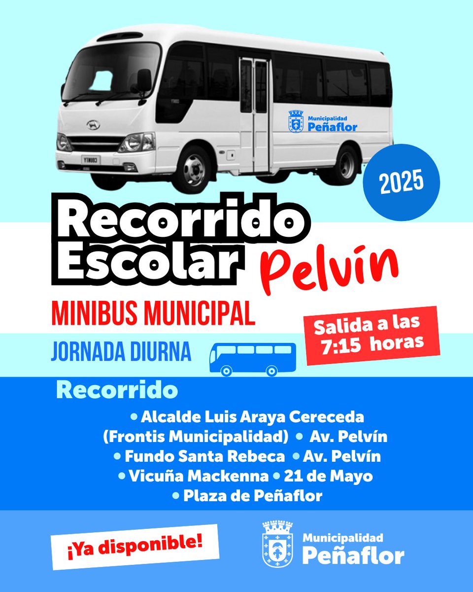 Atención‼️
Disponible Minibus Escolar para Pelvín 🚌
Te dejamos aquí 👇el recorrido.