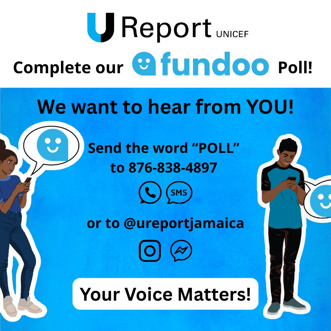 🇯🇲 Hey Jamaican youth! We want to hear from YOU about #FunDoo!

Take just 5 mins (or less!) to tell us what skills, careers &amp; topics matter most to YOU right now.

📲 Send POLL to 876-838-4897 OR @ureportjamaica on Instagram or Facebook Messenger.

#UReport
#YourVoiceMatters