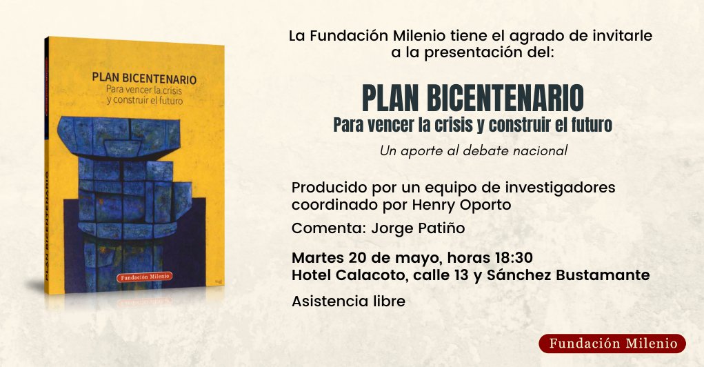 Acompáñenos a conocer el "Plan Bicentenario", un aporte fundamental para el debate nacional. Este plan ofrece estrategias para vencer la crisis y construir el futuro de Bolivia. La asistencia es libre, martes 20 de mayo, Hotel Calacoto, La Paz #PlanBicentenario