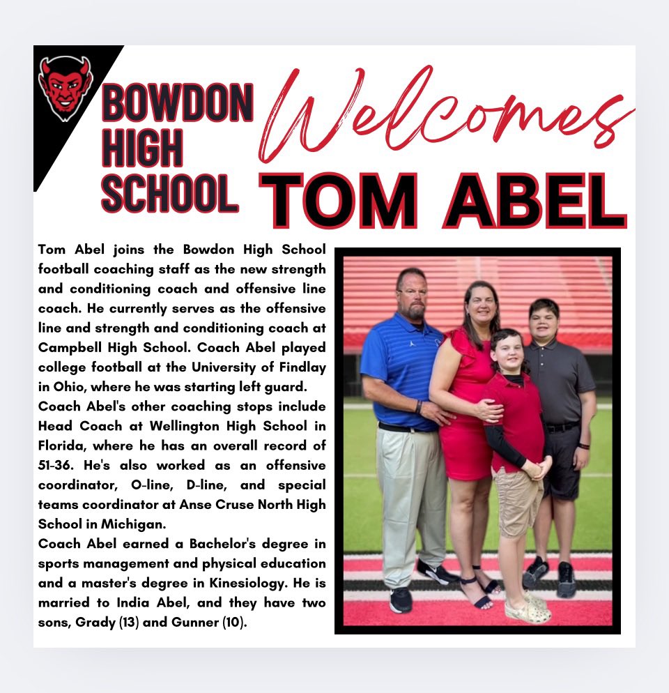 Bowdon High School Football/Athlete Recruiting (@bowdonrecruits) on Twitter photo Big hire for the Red Kingdom! Welcome <a href="/CoachAbes/">COACH ABEL</a> <a href="/GradickSports/">Gradick Sports</a> <a href="/HSM_WestGA/">Hometown Sports Media</a> <a href="/NwGaFootball/">NwGa Football</a> Big hire for the Red Kingdom! Welcome <a href="/CoachAbes/">COACH ABEL</a> <a href="/GradickSports/">Gradick Sports</a> <a href="/HSM_WestGA/">Hometown Sports Media</a> <a href="/NwGaFootball/">NwGa Football</a>