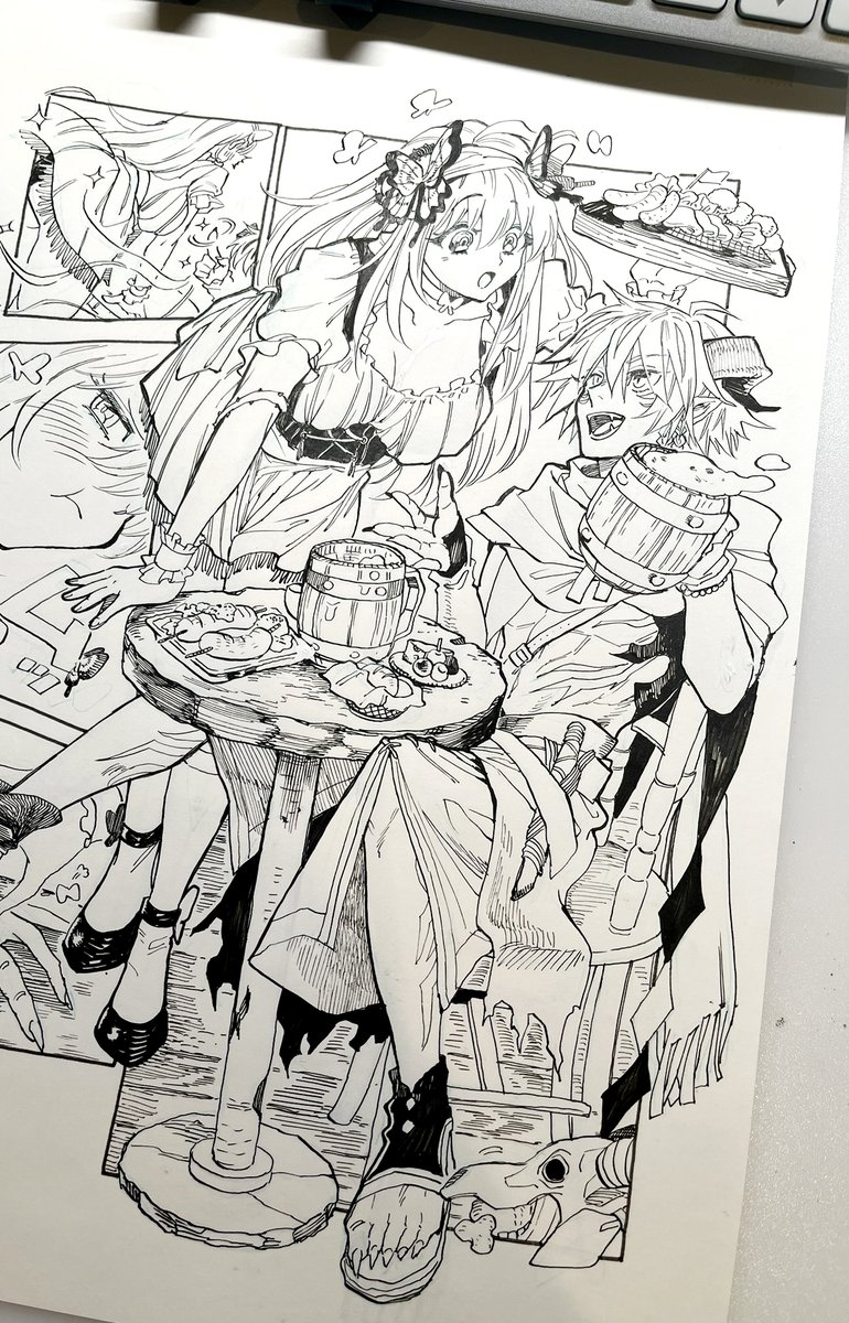 Skebありがとうございました!リピート嬉しいですほんとにかわいい ウエイトレス姿は趣味で似合いそうな衣装描かせて頂いてしまった 2枚目はペン入れの写真です!https://t.co/eLS4WpFKEK 