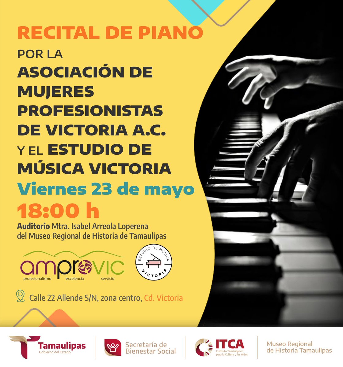 Disfruta una tarde de armonía y talento en el Recital de Piano presentado por la Asociación de Mujeres Profesionistas de Victoria A.C. y el Estudio de Música Victoria en el #MuseoRegional 🏫🎶

23 de mayo | 18:00 h ⏰
Auditorio del Museo

<a href="/ITCATamaulipas/">Instituto Tamaulipeco para la Cultura y las Artes</a> #EntradaLibre #CdVictoria