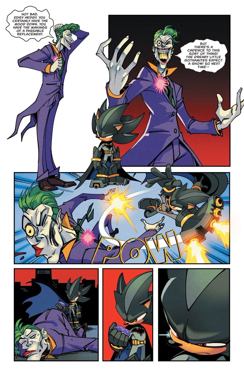 Here's three more preview pages for #DCxSonic issue 3, featuring a first look at Shadow the Hedgehog vs. The Joker! Art by <a href="/AdamBryceThomas/">ABT ☕️@DRAGONCON2025</a>

(h/t <a href="/nerdist/">Nerdist</a>)

#SonicNews