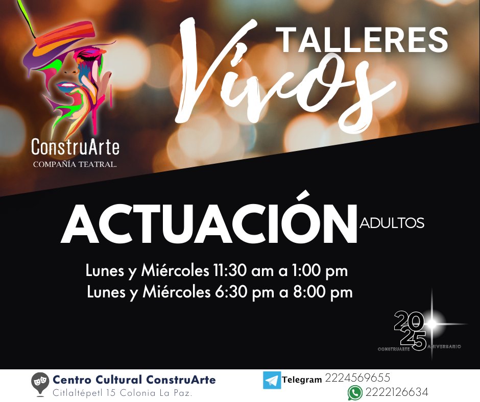 📷 ¡Descubre al actor que llevas dentro!
Taller de Actuación para Adultos — Vive el escenario, domina tus emociones y transforma tu presencia.
Cupo limitado. ¡Inscríbete hoy y actúa con el corazón! 📷WhatsApp: 2222126634
📷 Telegram: 2224569655