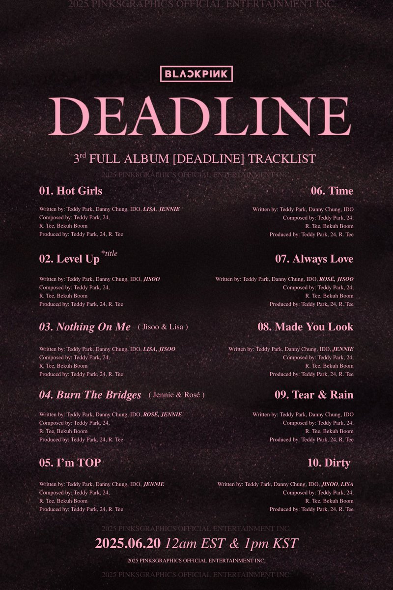 pinksgraphics's tweet photo. #BLACKPINK ‘DEADLINE ’ Tracklist Poster

3rd Album ‘DEADLINE ’
✅2025.06.20 12AM (EST) &amp; 1PM (KST)

#블랙핑크 #3rdAlbum #DEADLINE #Tracklist #Title  #Release #JISOO #ROSÉ #LISA #JENNIE #YG https://t.co/hy0VS1kYwa