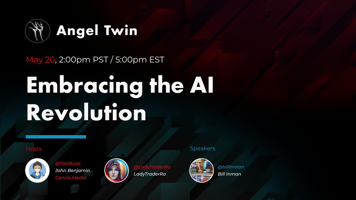 Genzio Media (@genzioco) on Twitter photo We are all watching the AI Revolution take place, one day at at time, but what does that mean for you?
<a href="/LadyTraderRa/">LadyTraderRa</a> and <a href="/TokiBusa/">Toki</a> are Embracing the AI Revolution alongside <a href="/billinman/">Bill Inman</a> so let's get educated.
🗓️5/20 at 2 PM PST / 5 PM EST
Set that reminder👇 We are all watching the AI Revolution take place, one day at at time, but what does that mean for you?
<a href="/LadyTraderRa/">LadyTraderRa</a> and <a href="/TokiBusa/">Toki</a> are Embracing the AI Revolution alongside <a href="/billinman/">Bill Inman</a> so let's get educated.
🗓️5/20 at 2 PM PST / 5 PM EST
Set that reminder👇