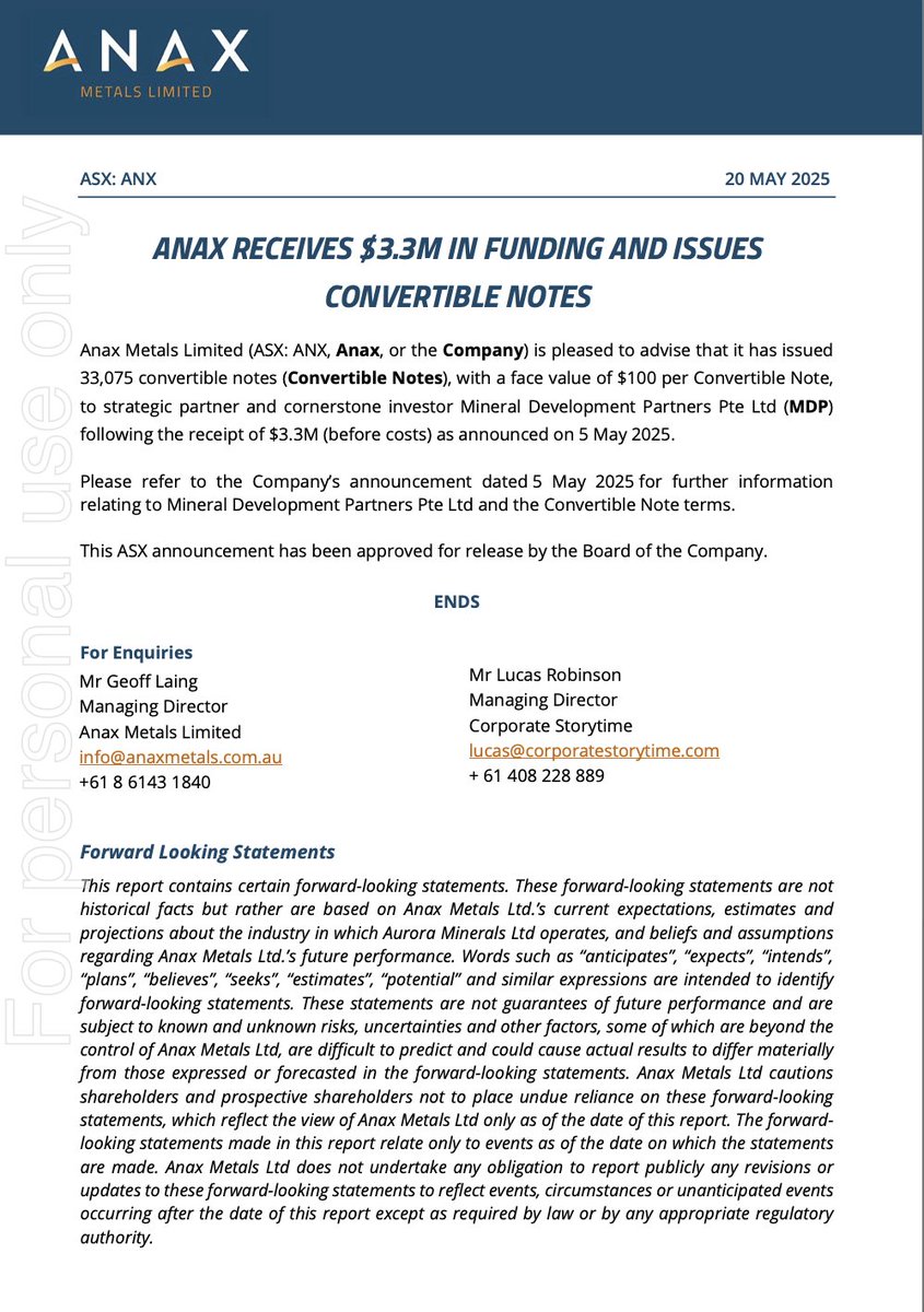 $ANX Receives $3.3M in Funding 📣 

<a href="/anax_metals/">Anax Metals</a> has issued con notes to strategic partner &amp; cornerstone investor Mineral Development Partners Pte Ltd (MDP) following receipt of $3.3M

Announcement 🔗: cutt.ly/hrceU2iC

#WhimCreek #Copper #Zinc #Pilbara #BaseMetalsHub