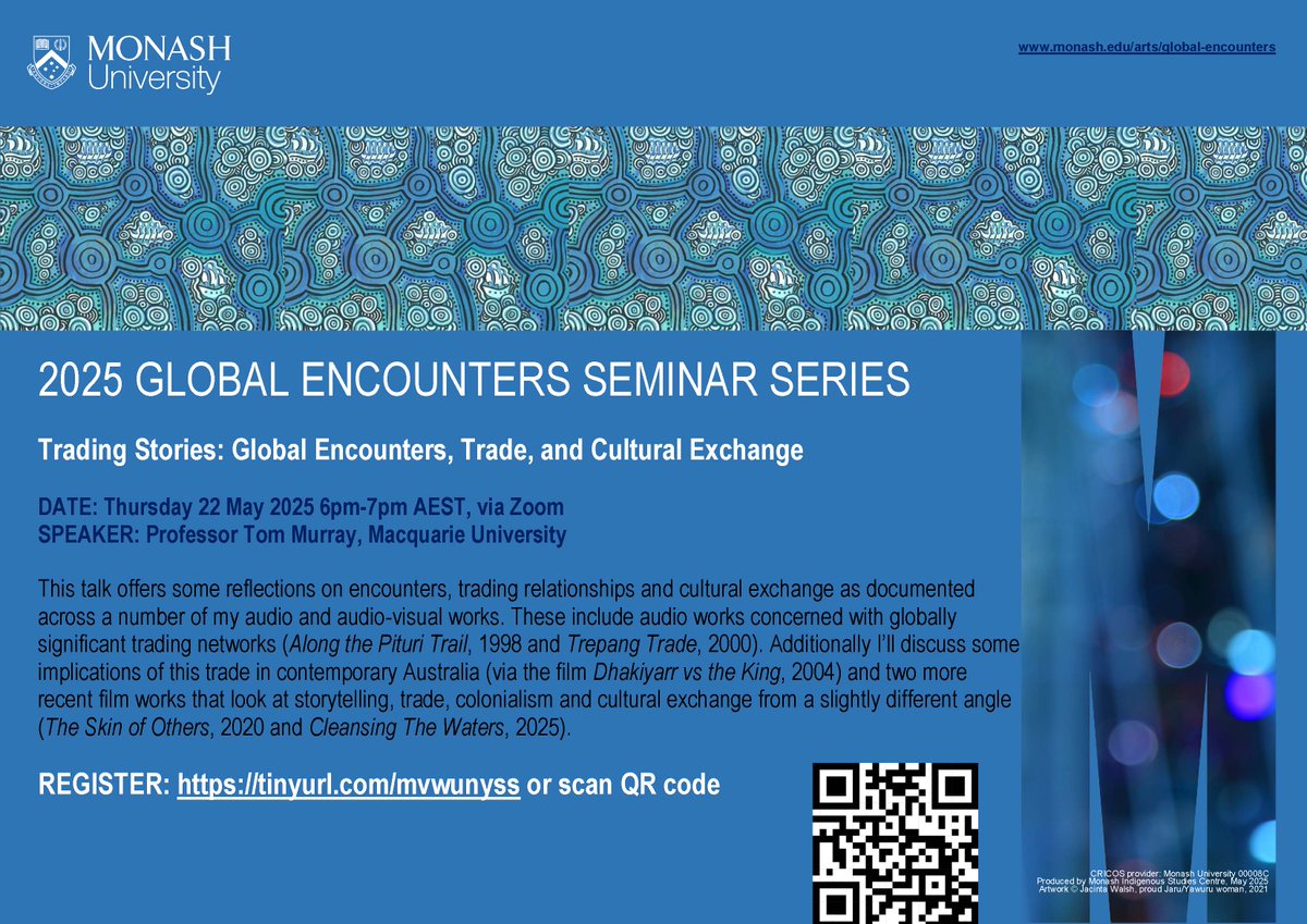 Join us this Thursday 22 May at 6pm AEST for our next online seminar! Prof Tom Murray from <a href="/Macquarie_Uni/">Macquarie University</a> will discuss encounters, trading relationships and cultural exchange as documented in several of his audio and audio-visual works.

Register here:  tinyurl.com/mvwunyss