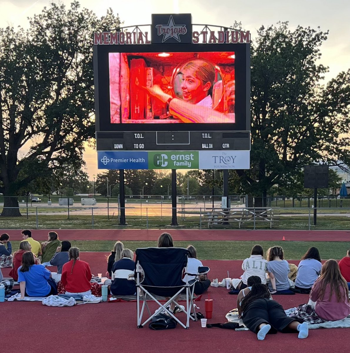 1st ever Senior Class movie night at Memorial Stadium tonight thanks to the <a href="/Daktronics/">Daktronics</a> videoboard installed this summer. Reminiscent of going to the Drive In in 1990. What a great activity for the Class of 2025 during their last week at THS.