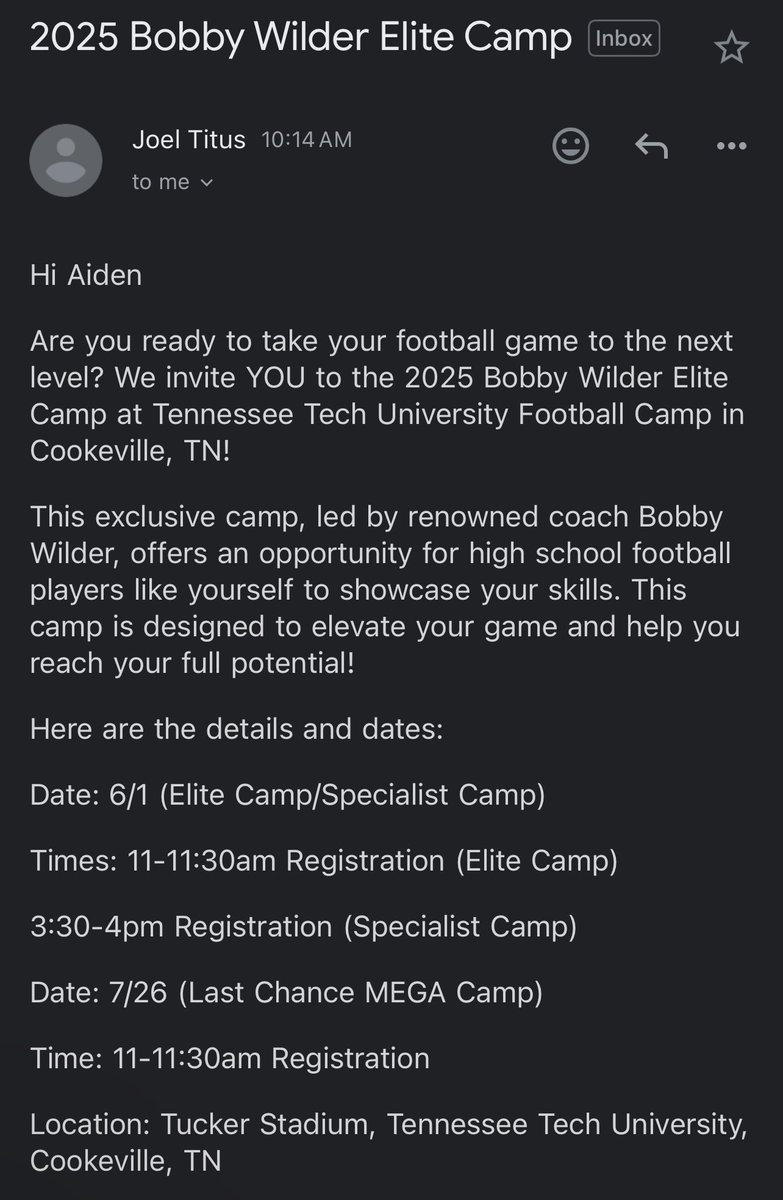 aidengamarra's tweet image. Thank you @CoachWilder353 and @TNTechFootball for the camp invite. Extremely blessed for this opportunity! #year2 #statementyear #Classof2028