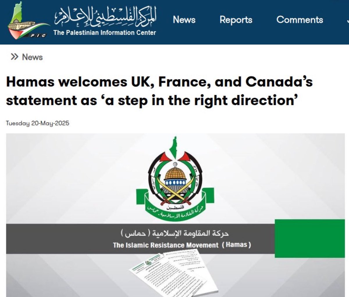 The terrorist organization that murdered 1200 people &amp; whose charter calls for the obliteration of Israel, just thanked Canada. 

The UAE is even calling for Hamas to step down - Arab nations feel the same. 

Yet the Liberals are aligning Canada with terrorists?! Ridiculous.