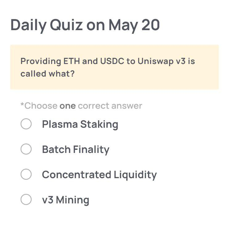 🔍 Need a Hint for Today’s Quiz?

It’s not just liquidity—it’s precision. This Uniswap v3 feature lets you provide liquidity within a specific price range, maximizing capital efficiency.