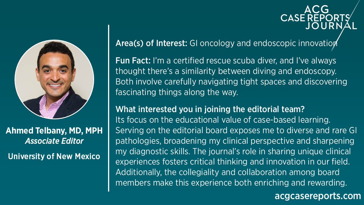 ACGCRJ (@acgcrj) on Twitter photo ACGCRJ Associate Editor Spotlight:
Ahmed Telbany, MD, MPH
University of New Mexico
Each month, we will introduce you to one of our valued Associate Editors--learn about their professional interests & personal fun facts!
<a href="/TelbanyMD/">Ahmed Telbany MD, MPH</a> <a href="/NadeemYousafMD/">Nadeem Yousaf</a> <a href="/PrateekHarne1/">Prateek Harne MBBS, MD</a>
<a href="/AmCollegeGastro/">ACG</a> ACGCRJ Associate Editor Spotlight:
Ahmed Telbany, MD, MPH
University of New Mexico
Each month, we will introduce you to one of our valued Associate Editors--learn about their professional interests & personal fun facts!
<a href="/TelbanyMD/">Ahmed Telbany MD, MPH</a> <a href="/NadeemYousafMD/">Nadeem Yousaf</a> <a href="/PrateekHarne1/">Prateek Harne MBBS, MD</a>
<a href="/AmCollegeGastro/">ACG</a>