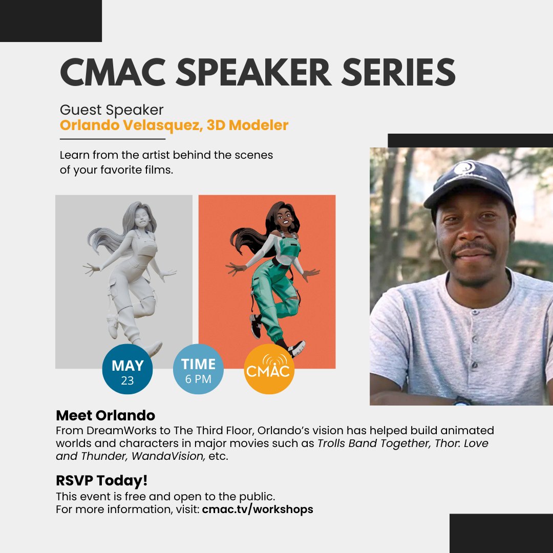 CMACTV's tweet image. Ever wondered what it’s like to work on a major animated film? 🎨🌟
Now’s your chance to find out! Join us on Friday, May 23 for a special evening with Orlando Velazquez, a pro 3D modeler from L.A. who’s worked with DreamWorks and The Third Floor.
🚀💫 SpeakerSeriesMay25.eventbrite.com/?aff=SM
