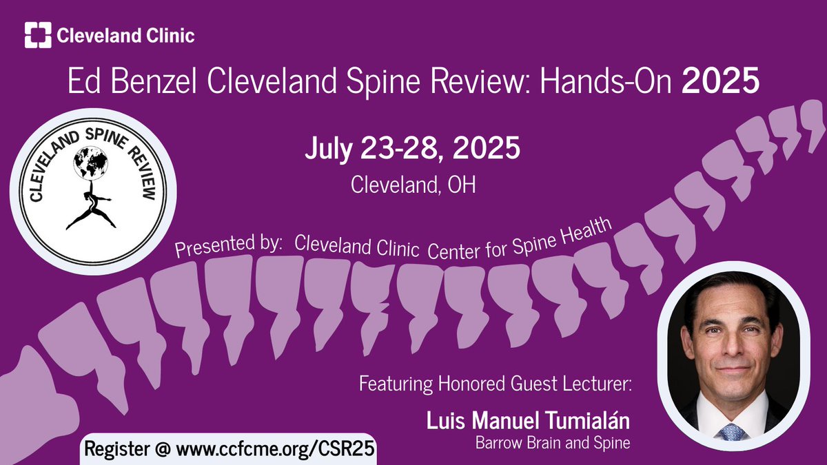 CleSpineReview's tweet image. Join us July 23–28, 2025 for the Ed Benzel Cleveland Spine Review! This intensive, hands-on, CME-accredited course combines cadaver labs, biomechanics, surgical decision-making to refine your spine surgery skills.
🔗 ccfcme.org/CSR25
#SpineSurgery #Neurosurgery #CME
