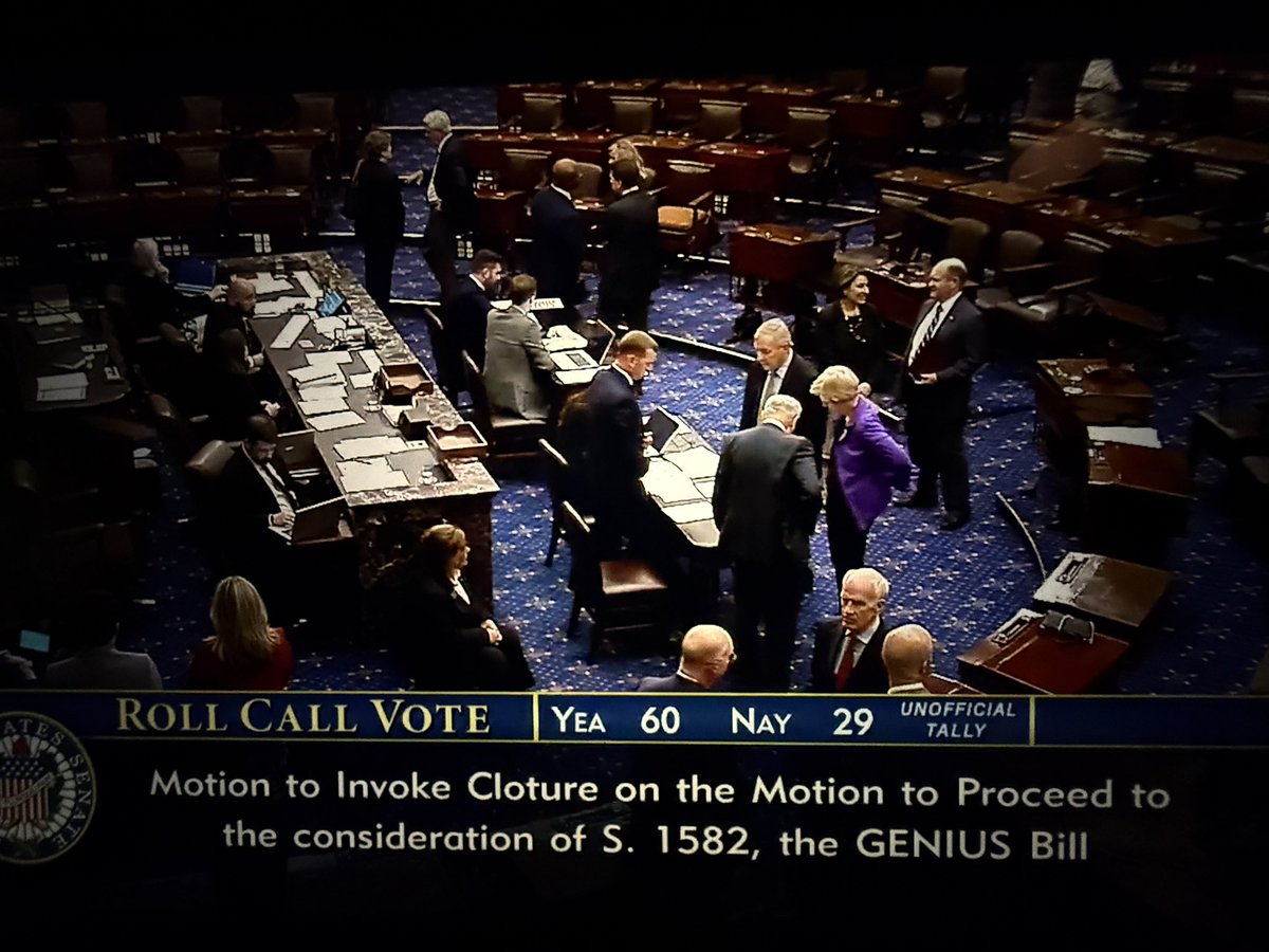 BREAKING: GENIUS BILL PASSES THROUGH CLOTURE VOTE WITH 60 VOTES