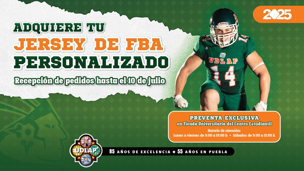 ¡Ya está lista la preventa de los jerseys de la Temporada 2025 de FBA!
Prepárate para apoyar a este #LegadoDeGuerreros con tu jersey personalizado del equipo 🧡💚🏈
tiendauniversitaria.udlap.mx