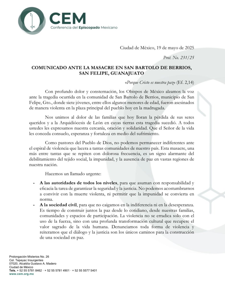 IglesiaMexico's tweet image. En el Episcopado Mexicano, con profundo dolor, alzamos la voz ante el asesinato de siete jóvenes en San Bartolo de Berrios, Gto. Nos unimos en oración por sus familias y exigimos justicia.
Que nuestras comunidades sean espacios de paz, reconciliación y esperanza

Pedimos a Santa…