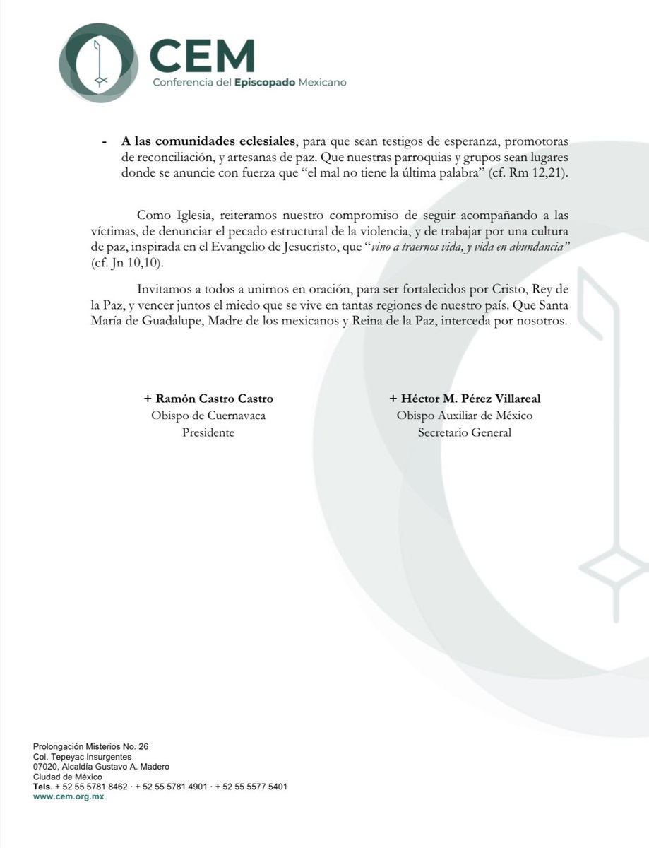IglesiaMexico's tweet image. En el Episcopado Mexicano, con profundo dolor, alzamos la voz ante el asesinato de siete jóvenes en San Bartolo de Berrios, Gto. Nos unimos en oración por sus familias y exigimos justicia.
Que nuestras comunidades sean espacios de paz, reconciliación y esperanza

Pedimos a Santa…