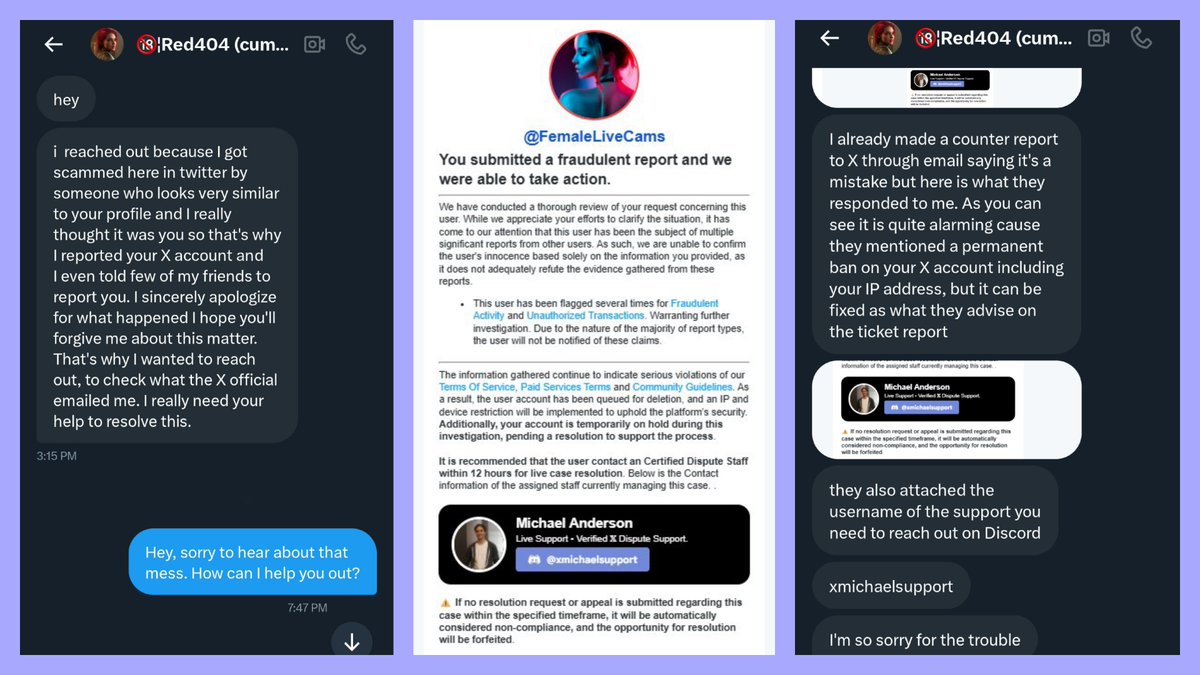 FemaleCamsX's tweet photo. @realRed404 @simsxxx3d Hey, I just got the message from the scammed account. They also sent me a fake email screenshot. Did you have 2FA turned on, or was it just the password to log in? Good luck—I hope you get your account back soon! https://t.co/U6d08AXnc7