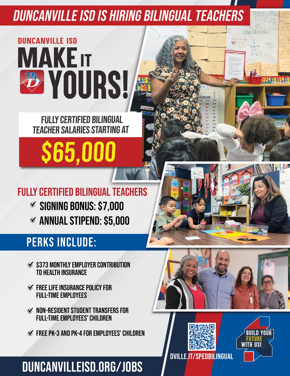 DuncanvilleISD's tweet photo. 🔔 BREAKING NEWS! 🔔

As just announced at the May Board of Trustees Meeting, our starting salaries for Teachers and Bilingual Teachers have increased.

NEW STARTING SALARIES are now $61,000 for a first-year Teacher and $65,000 for a starting Bilingual Teacher.