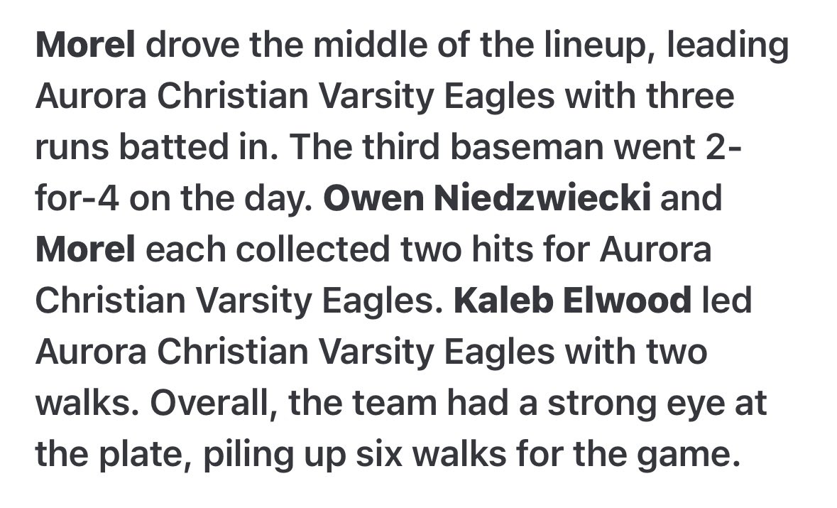 preston_morel's tweet image. Good win tonight! Went 2-4 at the plate with 3 RBI’S, and had some good defensive plays. Looking forward to playoffs starting Thursday.@Elite_Halverson @teams_elite @ACSEaglesBSBL @PrepBaseballIL @PB_Uncommitted @BUncommitted @PG_Illinois