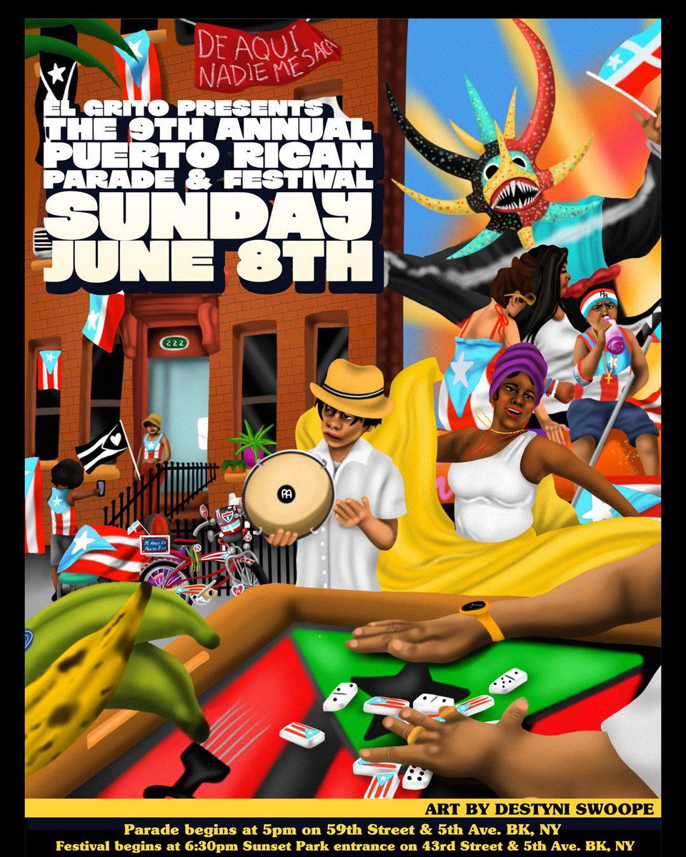 El Grito presents The 9th Annual Sunset Park Puerto Rican Parade &amp; Festival, Sun June 8th 2025. Parade starts at 5pm. Festival starts at 6:30pm in #SunsetPark, Brooklyn.  Event is provided with the support of  <a href="/CPFNYC/">City Parks Foundation</a> &amp; <a href="/PfPNYC/">PartnershipsForParks</a> through the NYC Green Fund. #bombayplena #brooklyn