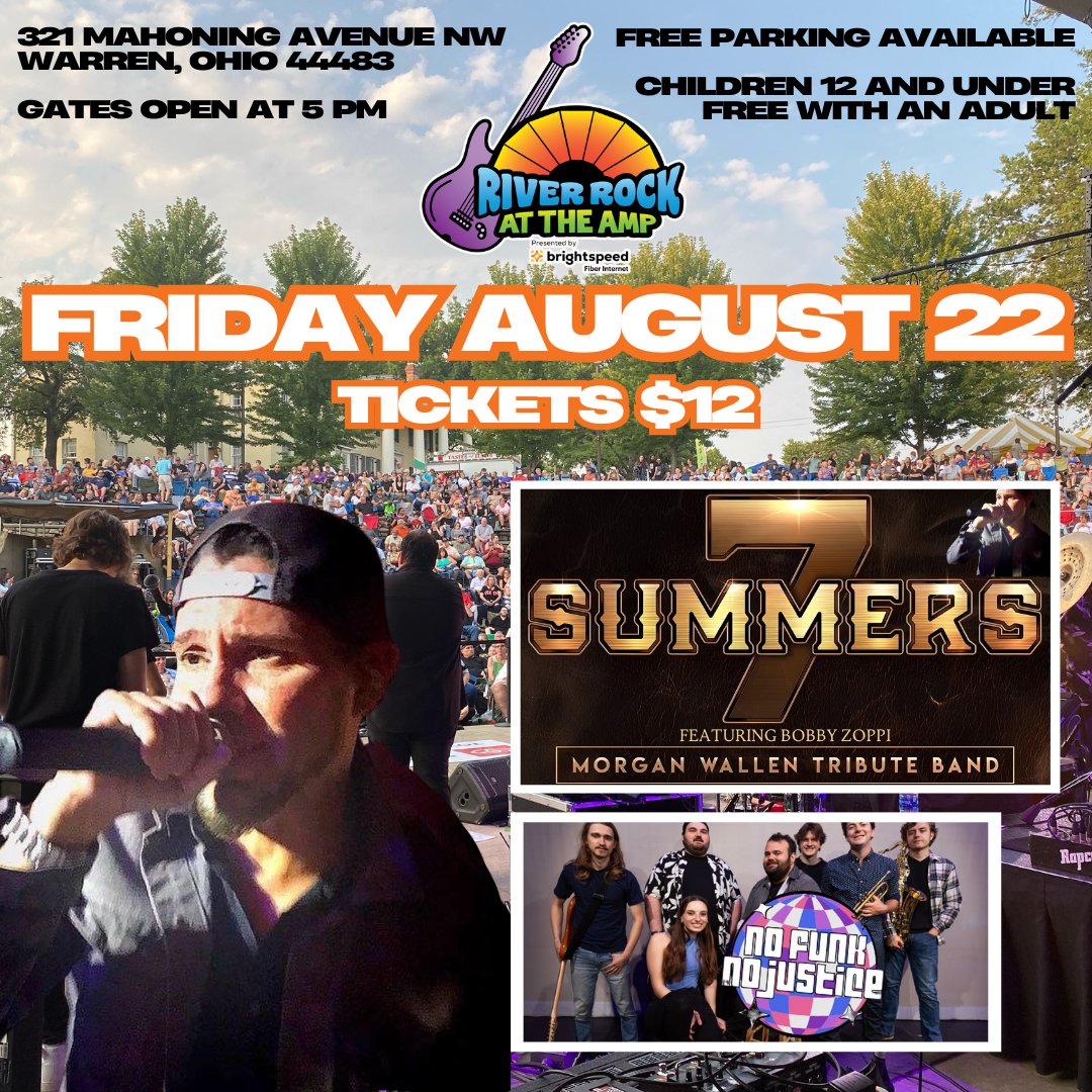 CALLING ALL COUNTRY FANS to the Amp FRIDAY AUGUST 22 for 7SUMMERS MORGAN WALLEN TRIBUTE with No Funk No Justice
The next best thing to the real deal!

TICKETS $12 on sale now at riverrockattheamp.com, <a href="/SunriseInnPizza/">Sunrise Inn of Warren</a>, <a href="/EastwoodMallOH/">Eastwood Mall</a> customer service desk &amp; will be at the gate