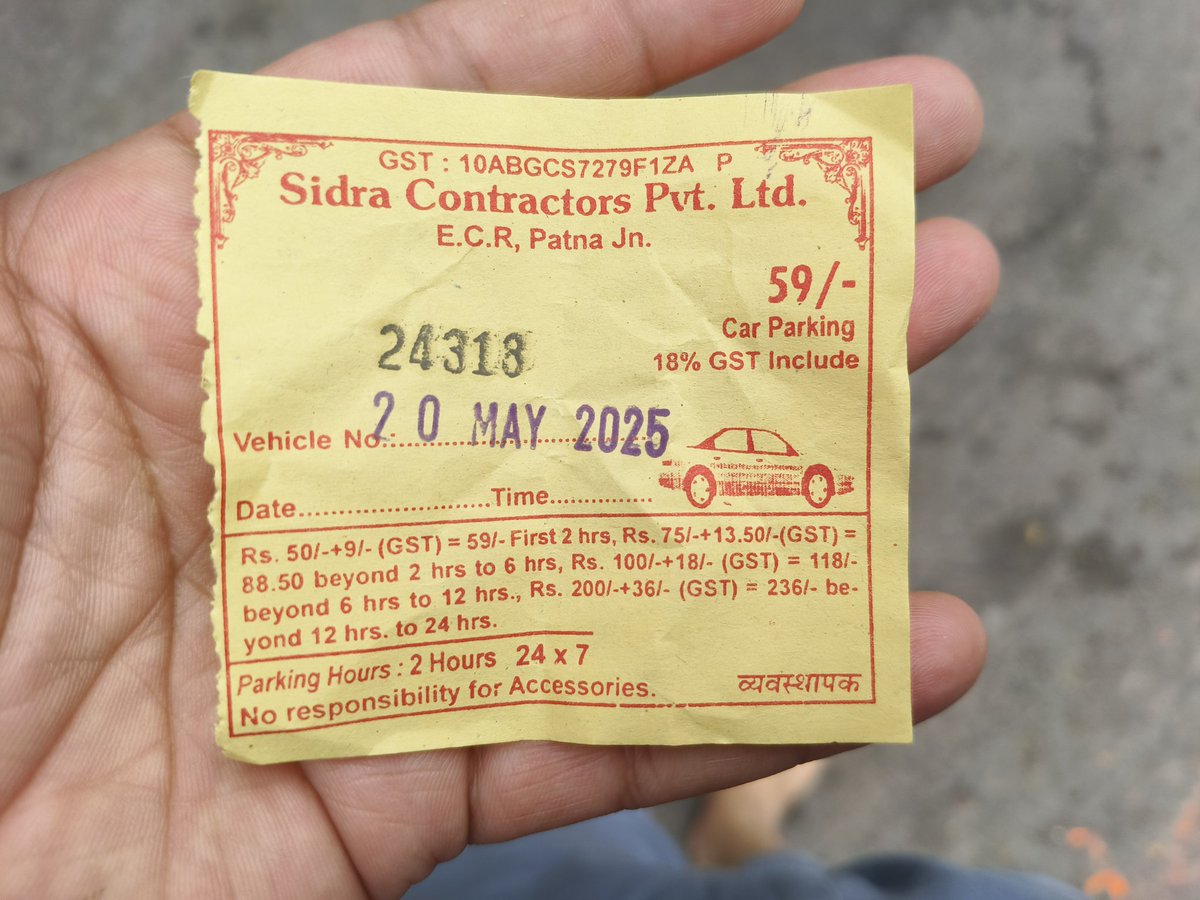 हां ये गरीब राज्य के पार्किंग चार्ज है पटना जंक्शन का जहां पार्किंग कम रंगदारी ज्यादा वसूला जा रहा है, चाहे 5मिनट लगाए चाहे 2 घंटा 50+gst देना होगा, पटना में पेरिस जैसा पैसा सुविधा 0। <a href="/AshwiniVaishnaw/">Ashwini Vaishnaw</a>
<a href="/aajtak/">AajTak</a> <a href="/RailMinIndia/">Ministry of Railways</a> <a href="/dm_patna/">District Administration Patna</a> <a href="/officecmbihar/">CMO Bihar</a> <a href="/BiharTakChannel/">Bihar Tak</a> <a href="/PMOIndia/">PMO India</a>