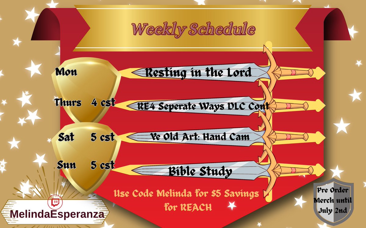 🌟Hola Carinos! 🕊️
Thank you everyone for your prayers! I'm feeling a lot better over all! Thank the Lord!

Here is this week's schedule, very excited to test out the camera for the first upgraded hand cam! Woot!

#ScheduledHope