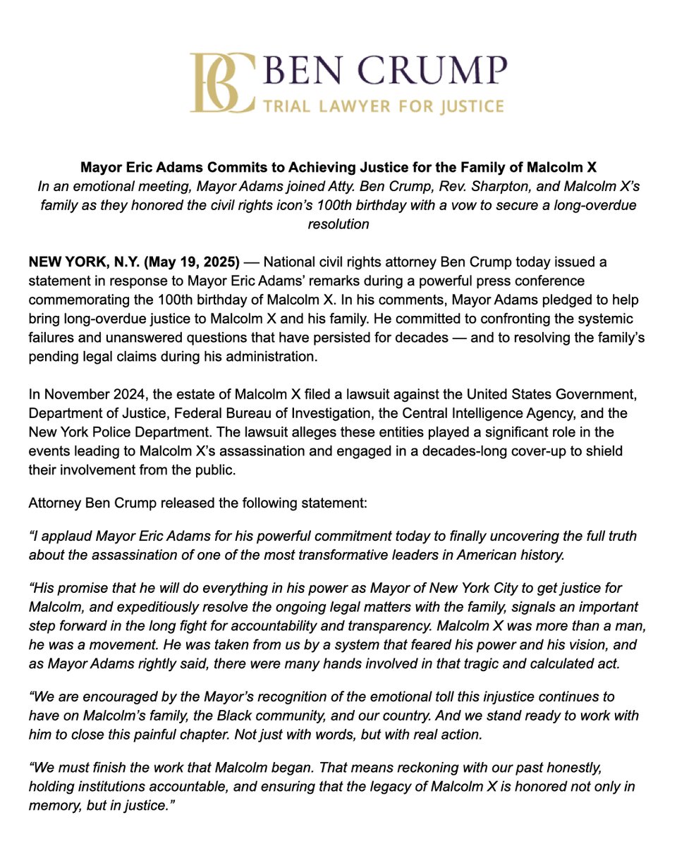 BenCrumpLaw's tweet image. NEWS ALERT: Today @AttorneyCrump issued a statement in response to Mayor Eric Adams’ remarks during a powerful press conference commemorating the 100th birthday of Malcolm X.