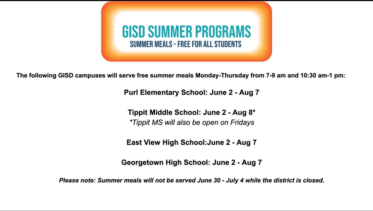 Georgetown ISD will provide free summer meals at select campuses starting June 2. Visit georgetownisd.org/students/summe… for more information.