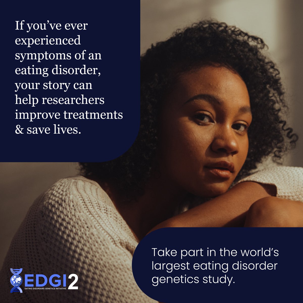 The EDGI 2 study is working to uncover genes linked to risk of developing eating disorders-this could lead to breakthroughs in understanding &amp; can inform better treatment 

Join: edgi2.org 

#EDGI2Australia #LivedExperience #MentalHealthResearch