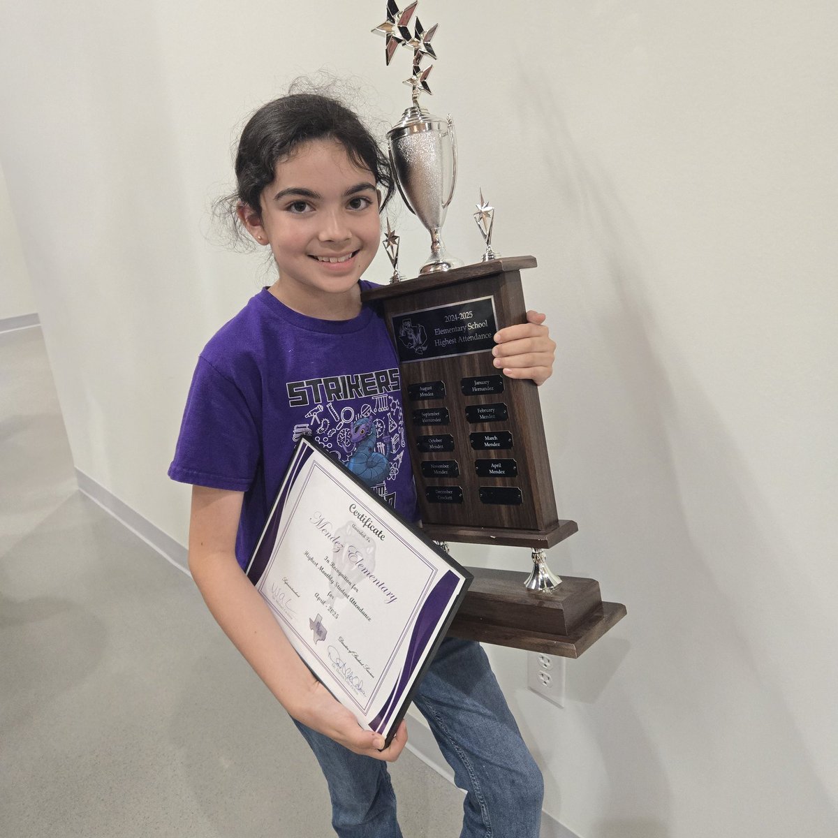 <a href="/MendezKids1st/">Mendez Elementary</a> won the attendance trophy yet again at the SMCISD board meeting for the best district elementary attendance in April. We are currently above 95% attendance for the year and closing in on our 96% goal!