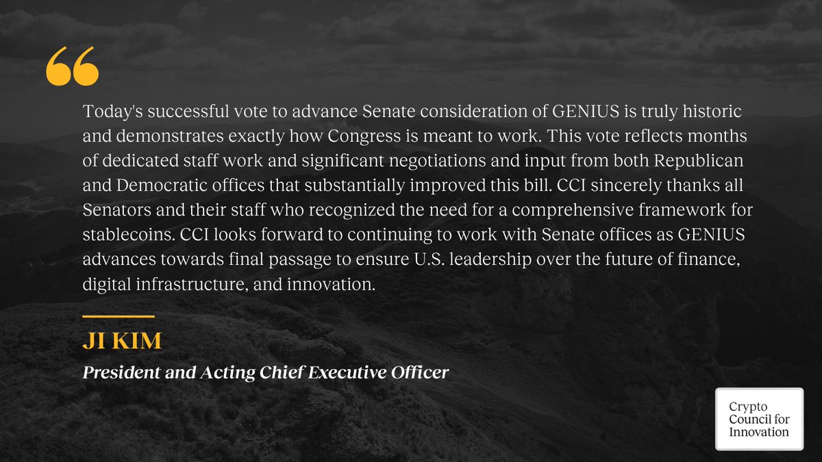 Crypto Council for Innovation (@crypto_council) on Twitter photo Thank you to <a href="/SenatorHagerty/">Senator Bill Hagerty</a>, <a href="/SenatorTimScott/">Tim Scott</a>, <a href="/SenLummis/">Senator Cynthia Lummis</a>, <a href="/SenGillibrand/">Kirsten Gillibrand</a> and their staff for today’s vote to progress stablecoin legislation forward. We're also grateful to the many Senators from both sides of the aisle who voted in favor. This was a historic moment, and your Thank you to <a href="/SenatorHagerty/">Senator Bill Hagerty</a>, <a href="/SenatorTimScott/">Tim Scott</a>, <a href="/SenLummis/">Senator Cynthia Lummis</a>, <a href="/SenGillibrand/">Kirsten Gillibrand</a> and their staff for today’s vote to progress stablecoin legislation forward. We're also grateful to the many Senators from both sides of the aisle who voted in favor. This was a historic moment, and your