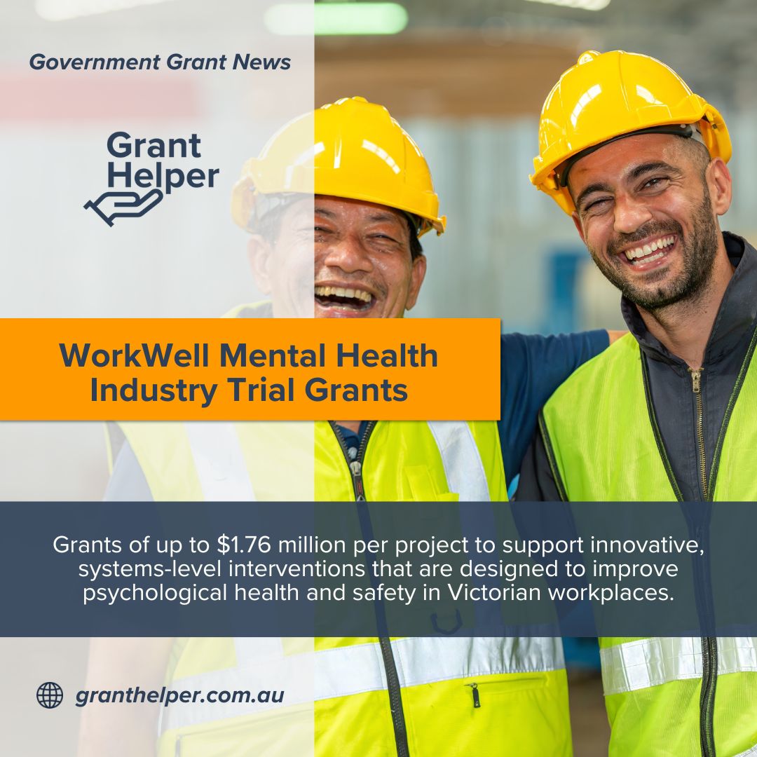 GrantHelper_'s tweet photo. Grants of up to $1.76 million per project to support innovative, systems-level interventions that are designed to improve psychological health and safety in Victorian workplaces.

#workplacewellbeing #mentalhealthatwork #safeworkplaces #governmentgrants #victoriangrants https://t.co/KkBY9AHSO4