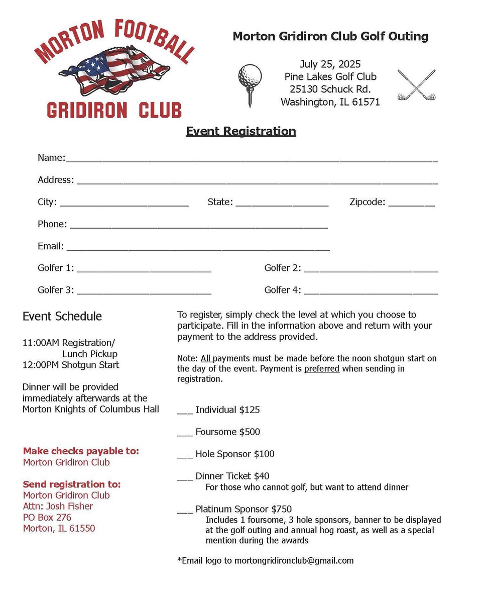The Gridiron Club is taking over the running of the golf outing previously run by the Morton High School Athletics Department. It will be on Friday, 7/25 with a shotgun start at noon. 
ROLL HOGS!! ❤️🩶🐗🏈